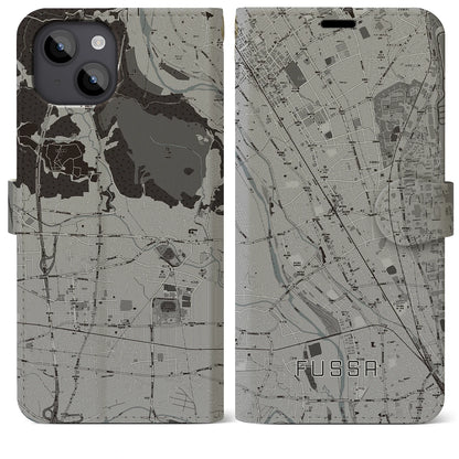 【福生（東京都）】地図柄iPhoneケース（手帳タイプ）モノトーン・iPhone 14 Plus 用