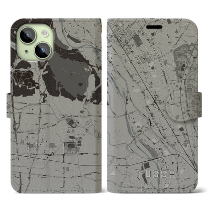 【福生（東京都）】地図柄iPhoneケース（手帳タイプ）モノトーン・iPhone 15 用