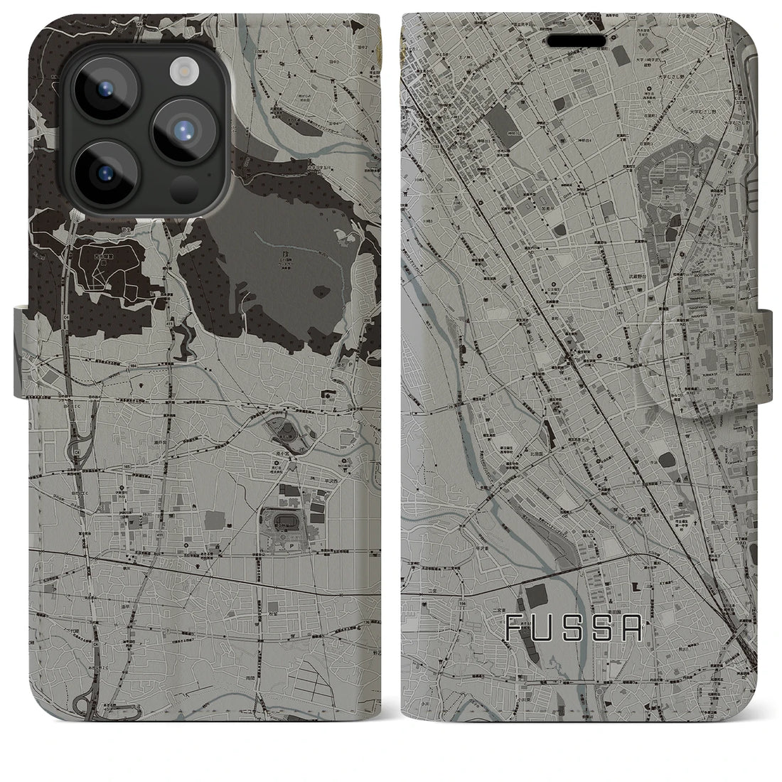 【福生】地図柄iPhoneケース（手帳両面タイプ・モノトーン）iPhone 15 Pro Max 用