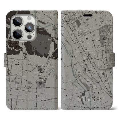 【福生（東京都）】地図柄iPhoneケース（手帳タイプ）モノトーン・iPhone 15 Pro 用