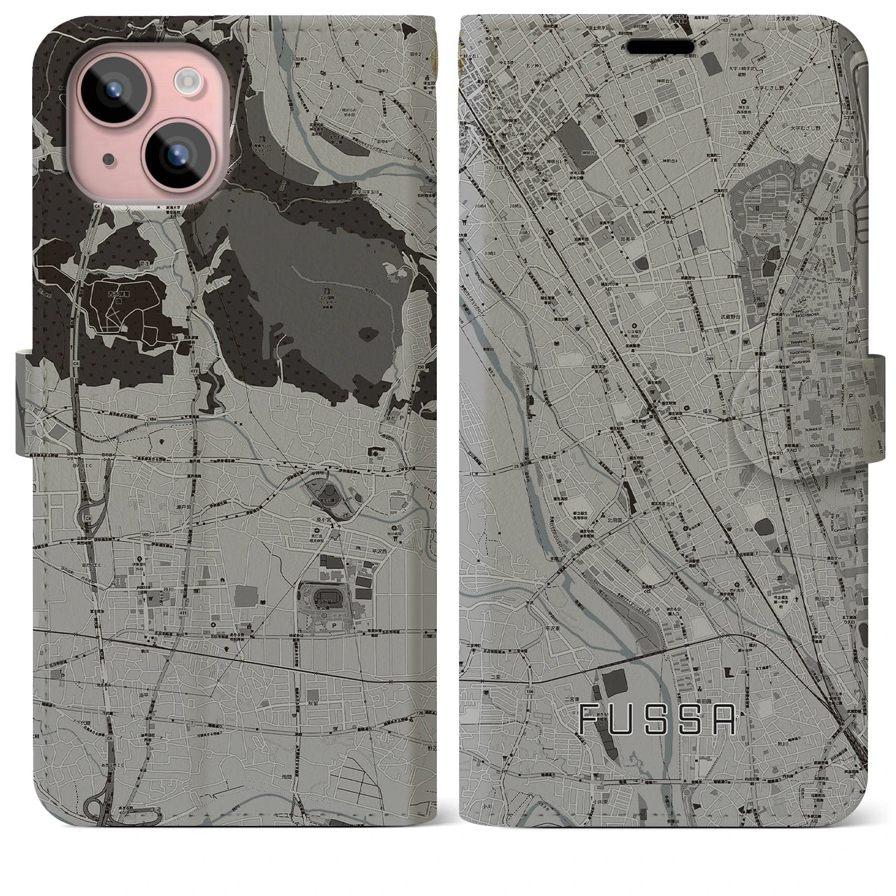 【福生】地図柄iPhoneケース（手帳両面タイプ・モノトーン）iPhone 15 Plus 用