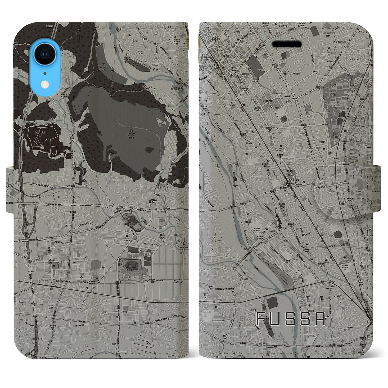 【福生】地図柄iPhoneケース（手帳両面タイプ・モノトーン）iPhone XR 用