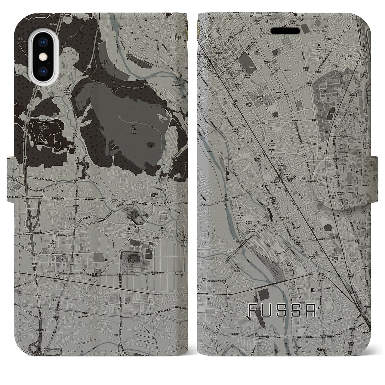 【福生】地図柄iPhoneケース（手帳両面タイプ・モノトーン）iPhone XS Max 用