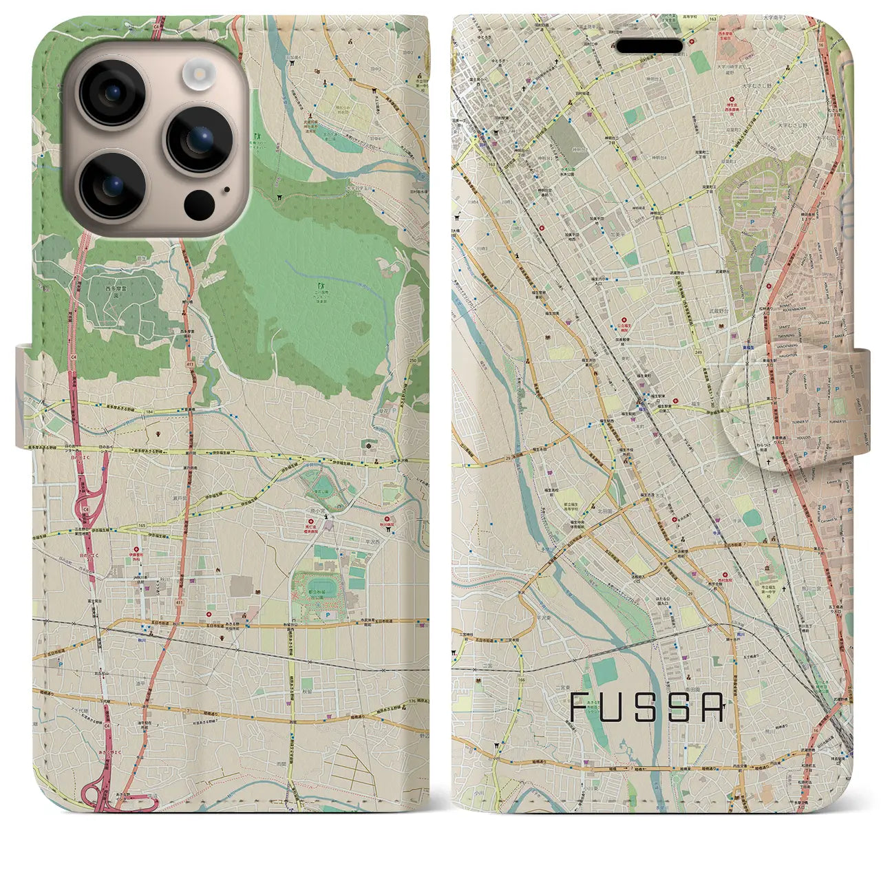 【福生（東京都）】地図柄iPhoneケース（手帳タイプ）ナチュラル・iPhone 16 Plus 用