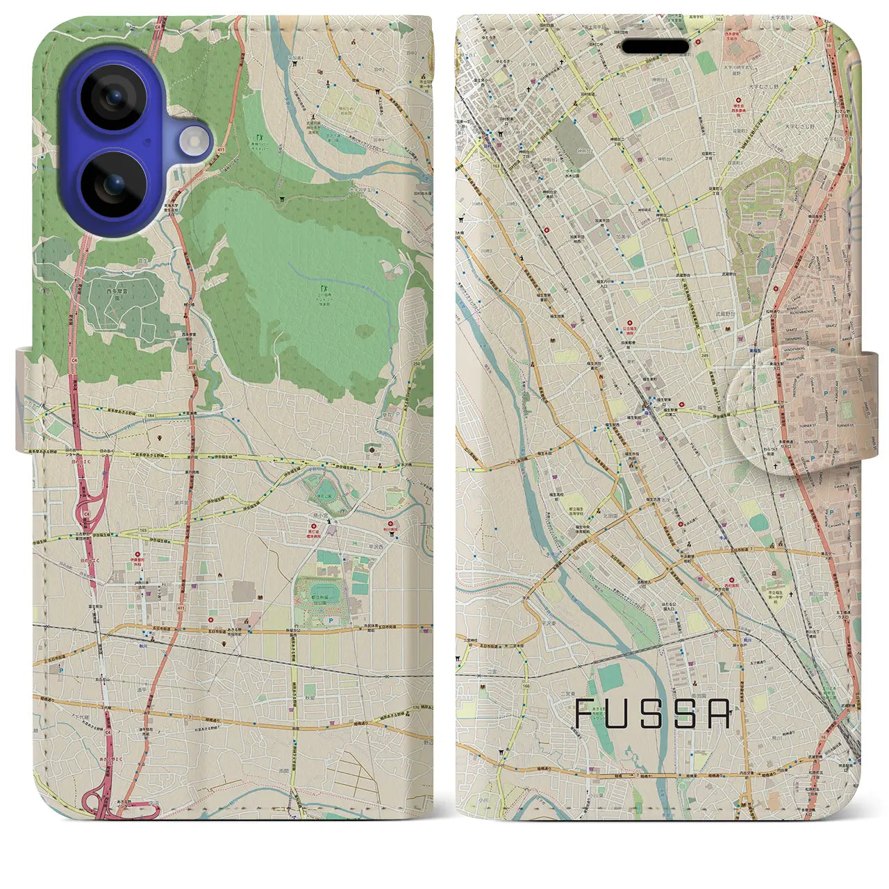 【福生（東京都）】地図柄iPhoneケース（手帳タイプ）ナチュラル・iPhone 16 Pro Max 用