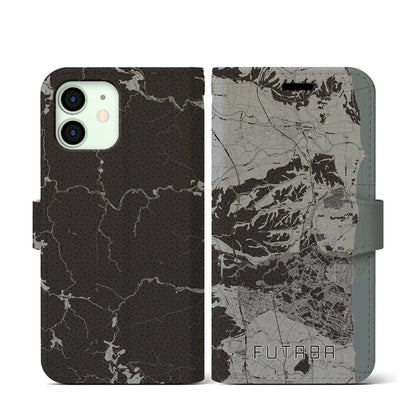 【双葉（福島県）】地図柄iPhoneケース（手帳タイプ）モノトーン・iPhone 12 mini 用