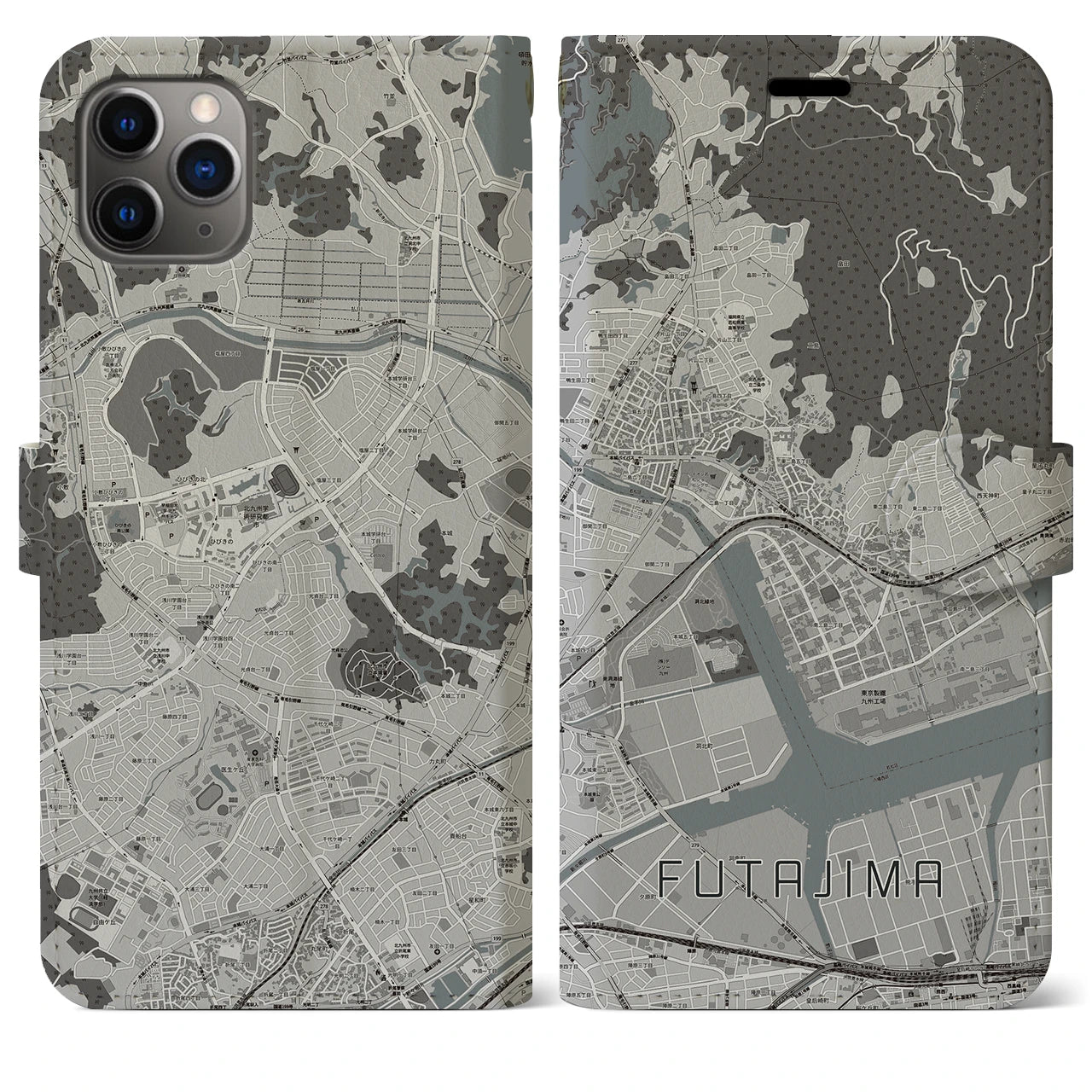 【二島】地図柄iPhoneケース（手帳両面タイプ・モノトーン）iPhone 11 Pro Max 用