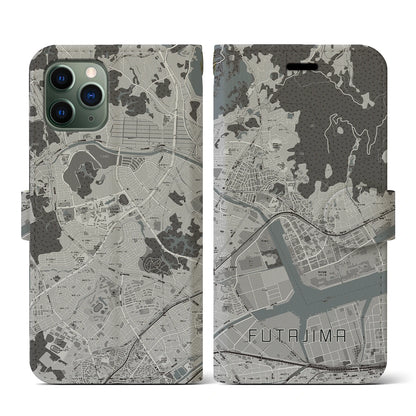 【二島（福岡県）】地図柄iPhoneケース（手帳タイプ）モノトーン・iPhone 11 Pro 用