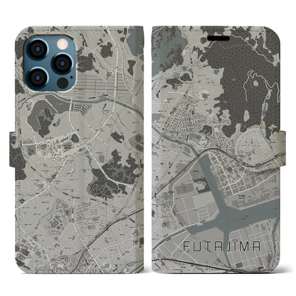 【二島（福岡県）】地図柄iPhoneケース（手帳タイプ）モノトーン・iPhone 12 / 12 Pro 用