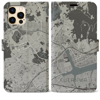 【二島（福岡県）】地図柄iPhoneケース（手帳タイプ）モノトーン・iPhone 12 Pro Max 用