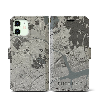 【二島（福岡県）】地図柄iPhoneケース（手帳タイプ）モノトーン・iPhone 12 mini 用