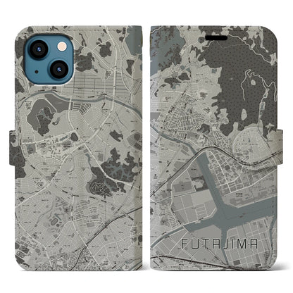 【二島（福岡県）】地図柄iPhoneケース（手帳タイプ）モノトーン・iPhone 13 用