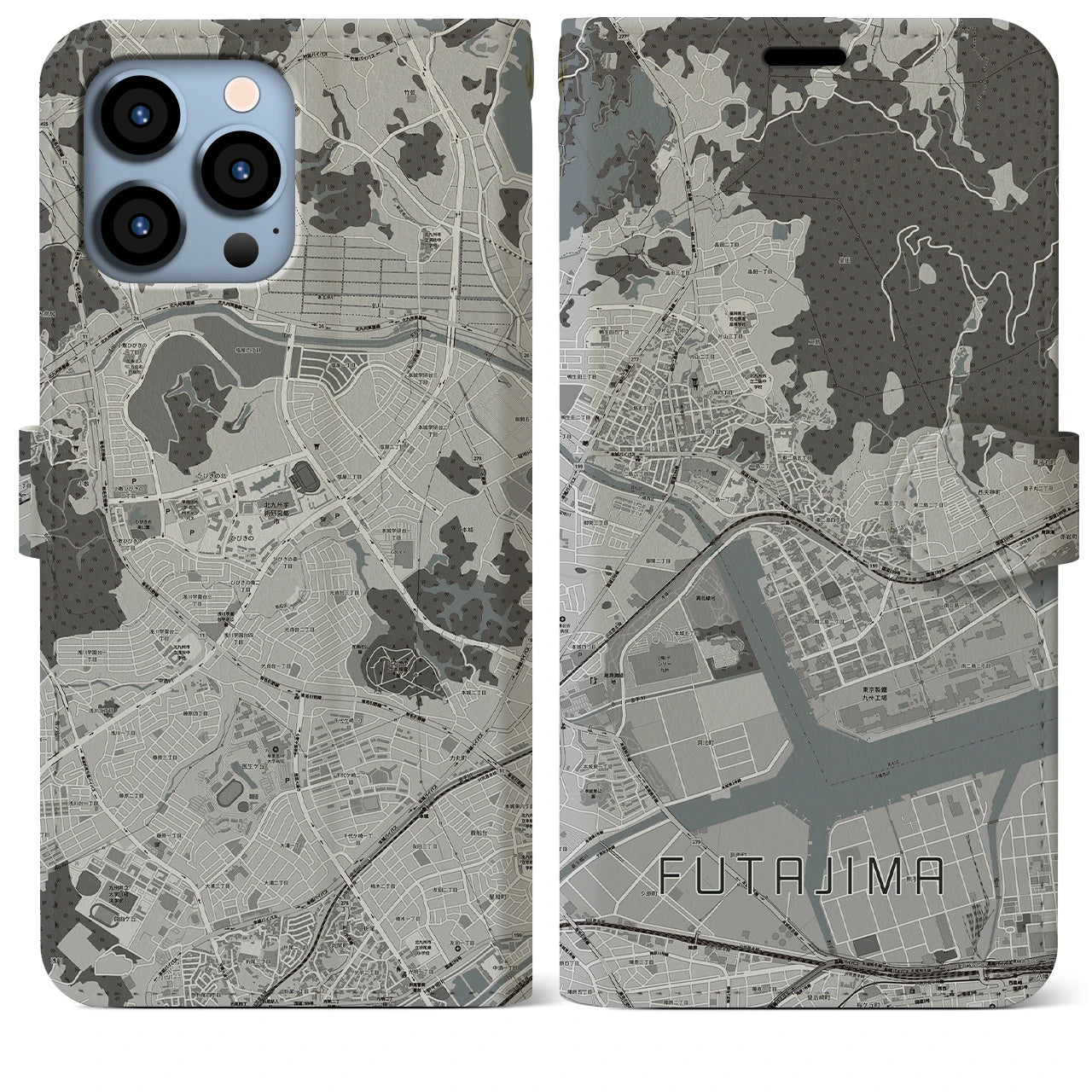 【二島】地図柄iPhoneケース（手帳両面タイプ・モノトーン）iPhone 13 Pro Max 用