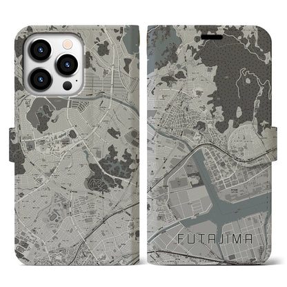 【二島（福岡県）】地図柄iPhoneケース（手帳タイプ）モノトーン・iPhone 13 Pro 用