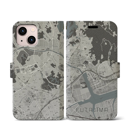 【二島（福岡県）】地図柄iPhoneケース（手帳タイプ）モノトーン・iPhone 13 mini 用