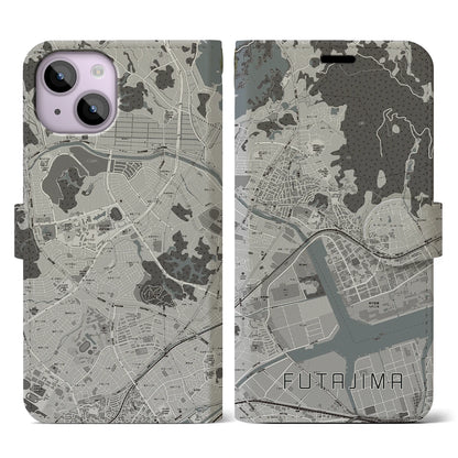 【二島（福岡県）】地図柄iPhoneケース（手帳タイプ）モノトーン・iPhone 14 用