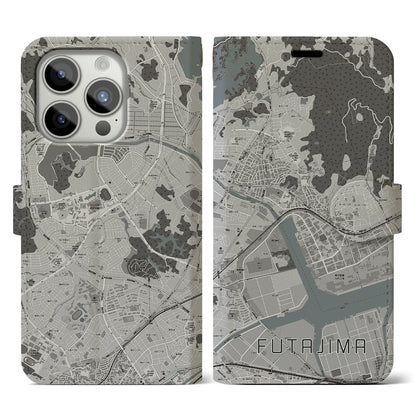 【二島（福岡県）】地図柄iPhoneケース（手帳タイプ）モノトーン・iPhone 15 Pro 用