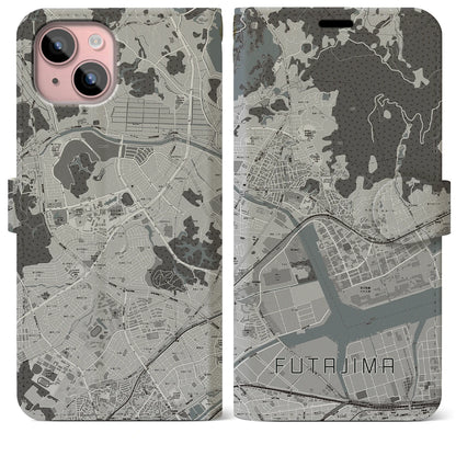 【二島（福岡県）】地図柄iPhoneケース（手帳タイプ）モノトーン・iPhone 15 Plus 用