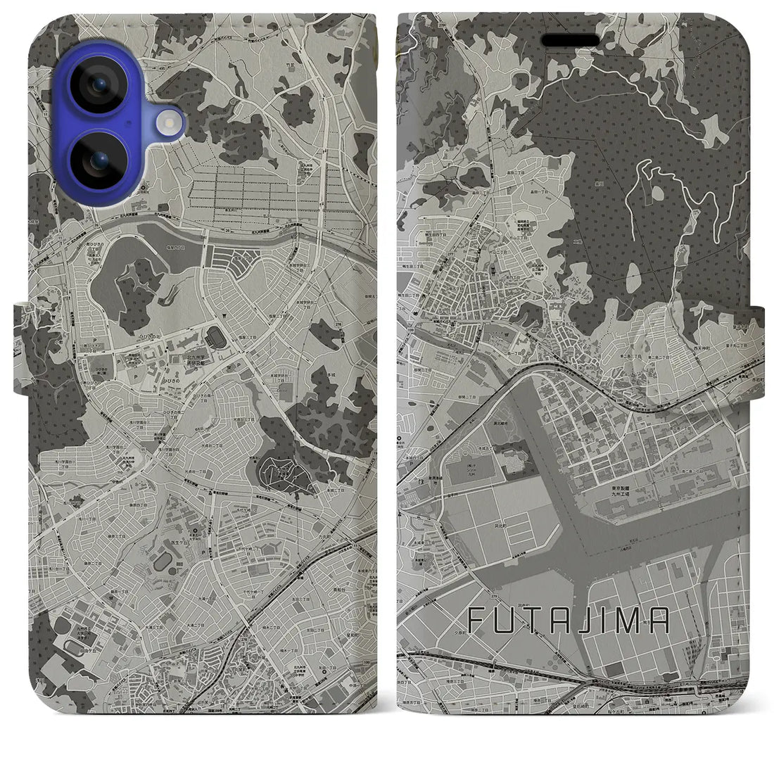 【二島(福岡県)】地図柄iPhoneケース(手帳タイプ)モノトーン・iPhone 16 Pro Max 用