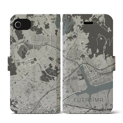 【二島（福岡県）】地図柄iPhoneケース（手帳タイプ）モノトーン・iPhone SE（第3 / 第2世代） / 8 / 7 / 6s / 6 用