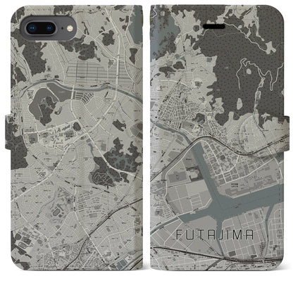 【二島（福岡県）】地図柄iPhoneケース（手帳タイプ）モノトーン・iPhone 8Plus /7Plus / 6sPlus / 6Plus 用