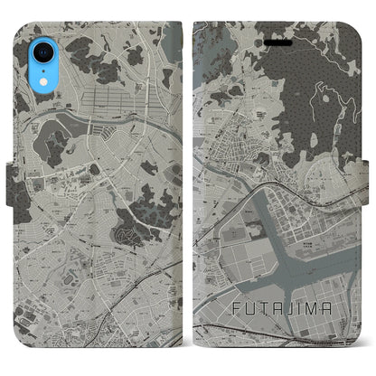 【二島（福岡県）】地図柄iPhoneケース（手帳タイプ）モノトーン・iPhone XR 用