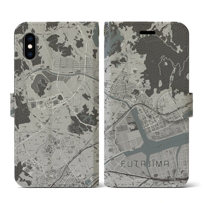 【二島（福岡県）】地図柄iPhoneケース（手帳タイプ）モノトーン・iPhone XS / X 用