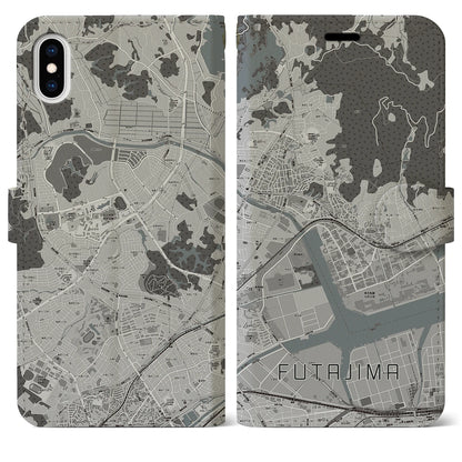 【二島（福岡県）】地図柄iPhoneケース（手帳タイプ）モノトーン・iPhone XS Max 用