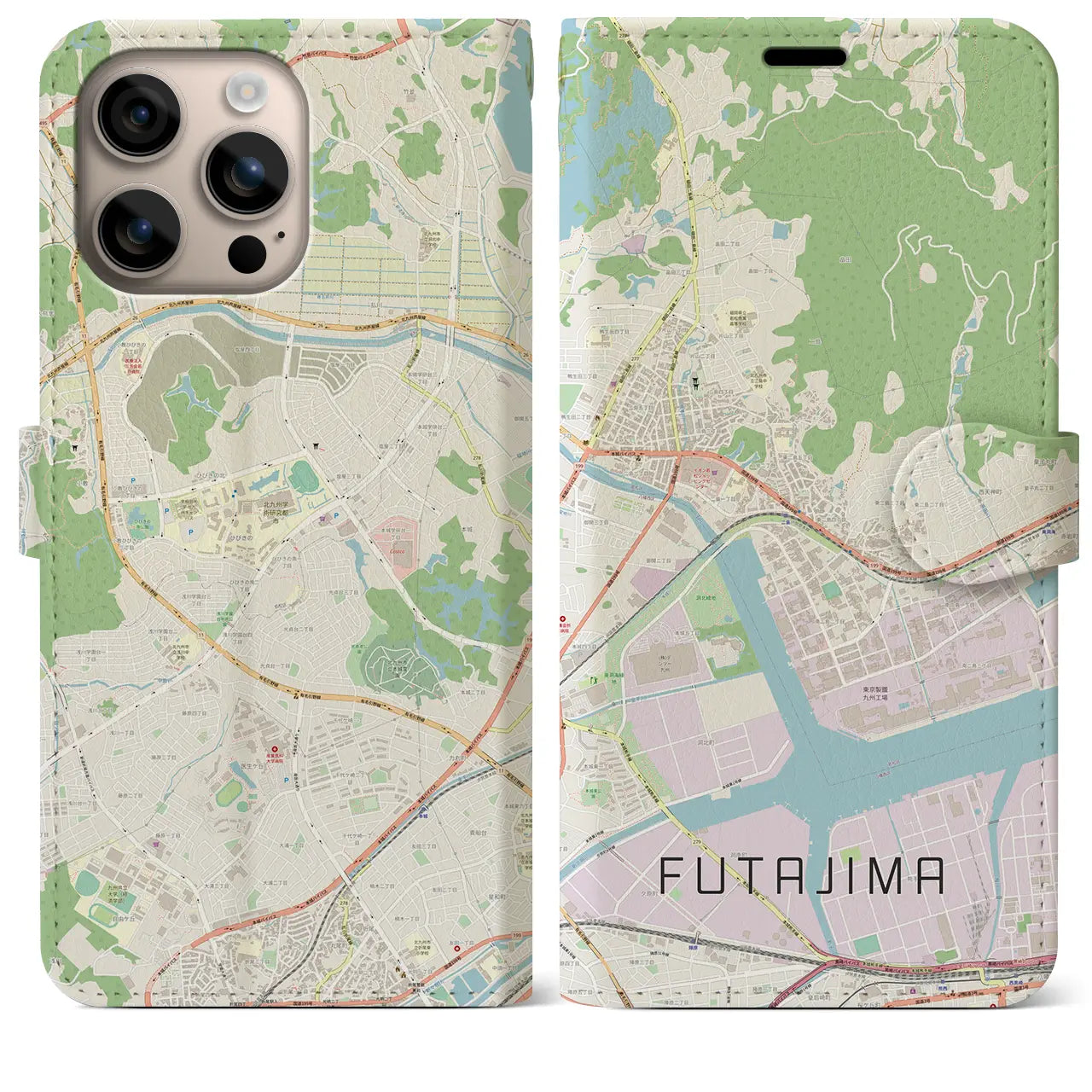 【二島（福岡県）】地図柄iPhoneケース（手帳タイプ）ナチュラル・iPhone 16 Plus 用