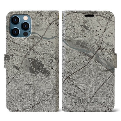【二子新地（神奈川県）】地図柄iPhoneケース（手帳タイプ）モノトーン・iPhone 12 / 12 Pro 用