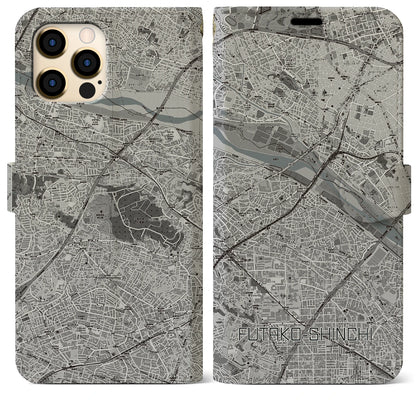 【二子新地（神奈川県）】地図柄iPhoneケース（手帳タイプ）モノトーン・iPhone 12 Pro Max 用