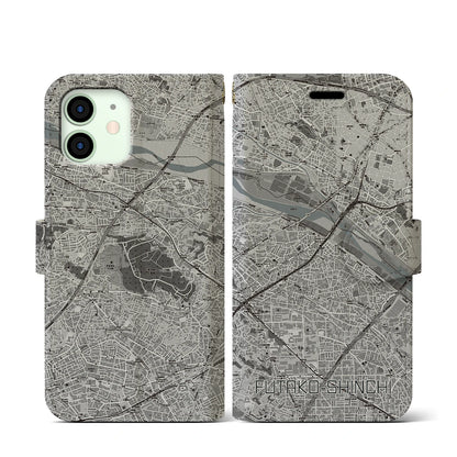 【二子新地（神奈川県）】地図柄iPhoneケース（手帳タイプ）モノトーン・iPhone 12 mini 用