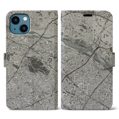 【二子新地（神奈川県）】地図柄iPhoneケース（手帳タイプ）モノトーン・iPhone 13 用