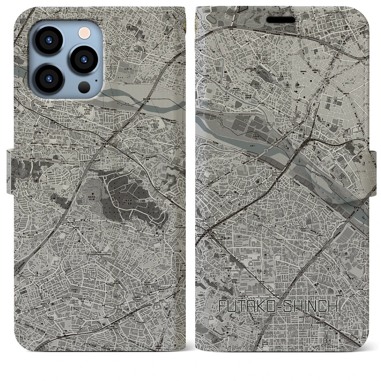 【二子新地】地図柄iPhoneケース（手帳両面タイプ・モノトーン）iPhone 13 Pro Max 用