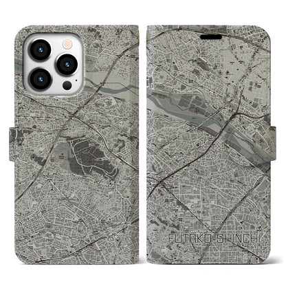 【二子新地（神奈川県）】地図柄iPhoneケース（手帳タイプ）モノトーン・iPhone 13 Pro 用