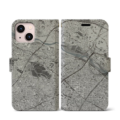 【二子新地（神奈川県）】地図柄iPhoneケース（手帳タイプ）モノトーン・iPhone 13 mini 用