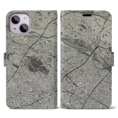 【二子新地（神奈川県）】地図柄iPhoneケース（手帳タイプ）モノトーン・iPhone 14 用
