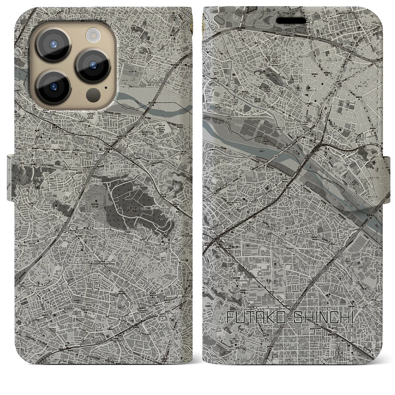 【二子新地】地図柄iPhoneケース（手帳両面タイプ・モノトーン）iPhone 14 Pro Max 用