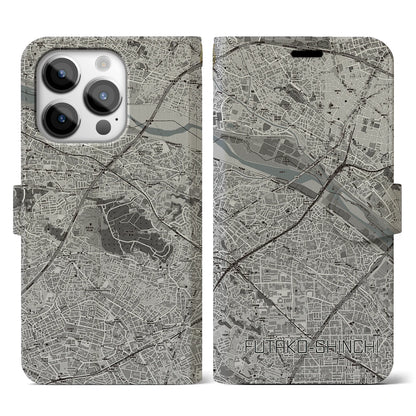 【二子新地（神奈川県）】地図柄iPhoneケース（手帳タイプ）モノトーン・iPhone 14 Pro 用