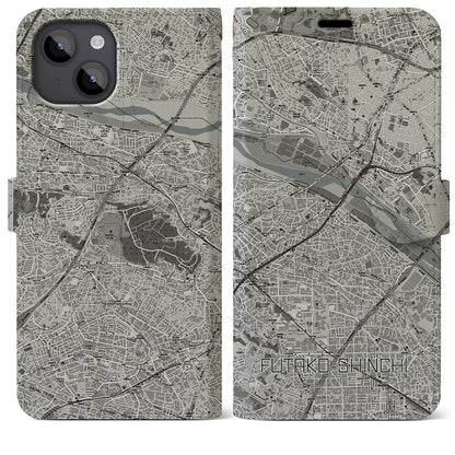 【二子新地（神奈川県）】地図柄iPhoneケース（手帳タイプ）モノトーン・iPhone 14 Plus 用