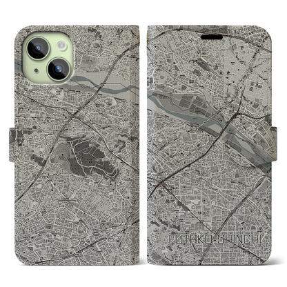 【二子新地（神奈川県）】地図柄iPhoneケース（手帳タイプ）モノトーン・iPhone 15 用