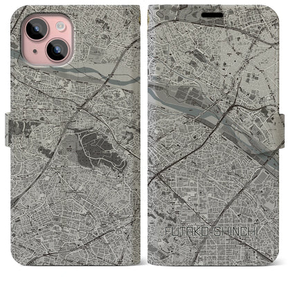 【二子新地（神奈川県）】地図柄iPhoneケース（手帳タイプ）モノトーン・iPhone 15 Plus 用
