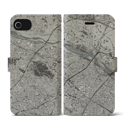 【二子新地（神奈川県）】地図柄iPhoneケース（手帳タイプ）モノトーン・iPhone SE（第3 / 第2世代） / 8 / 7 / 6s / 6 用