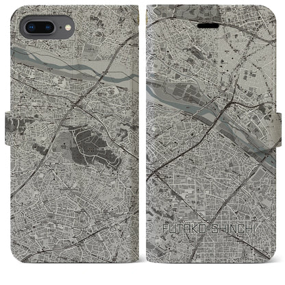 【二子新地（神奈川県）】地図柄iPhoneケース（手帳タイプ）モノトーン・iPhone 8Plus /7Plus / 6sPlus / 6Plus 用