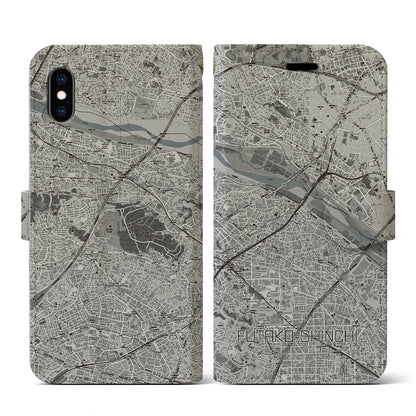 【二子新地（神奈川県）】地図柄iPhoneケース（手帳タイプ）モノトーン・iPhone XS / X 用