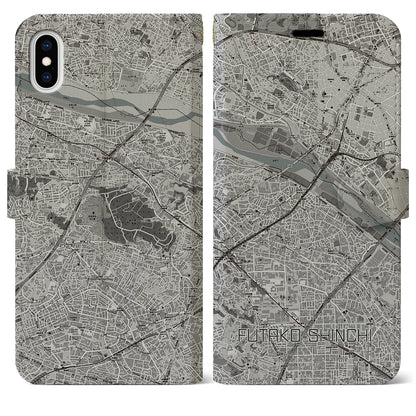 【二子新地（神奈川県）】地図柄iPhoneケース（手帳タイプ）モノトーン・iPhone XS Max 用
