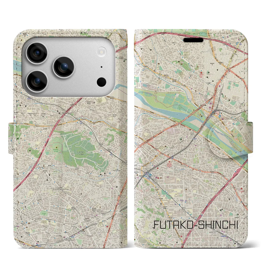 【二子新地（神奈川県）】地図柄iPhoneケース（手帳タイプ）ナチュラル・iPhone 17 Pro Max 用