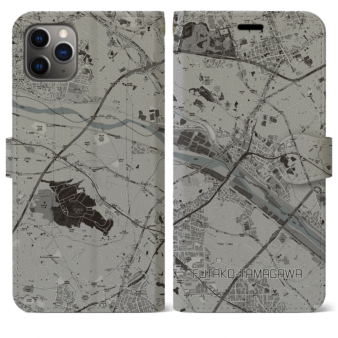 【二子玉川】地図柄iPhoneケース（手帳両面タイプ・モノトーン）iPhone 11 Pro Max 用