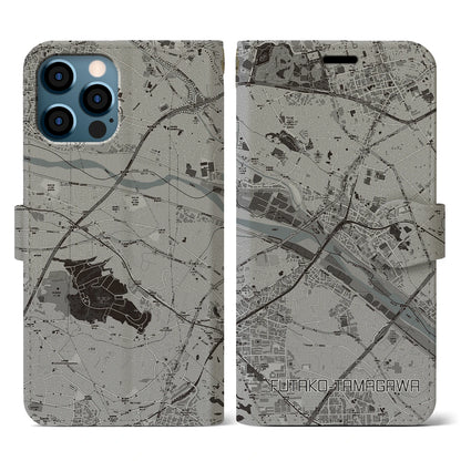 【二子玉川（東京都）】地図柄iPhoneケース（手帳タイプ）モノトーン・iPhone 12 / 12 Pro 用
