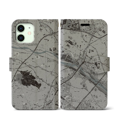 【二子玉川（東京都）】地図柄iPhoneケース（手帳タイプ）モノトーン・iPhone 12 mini 用